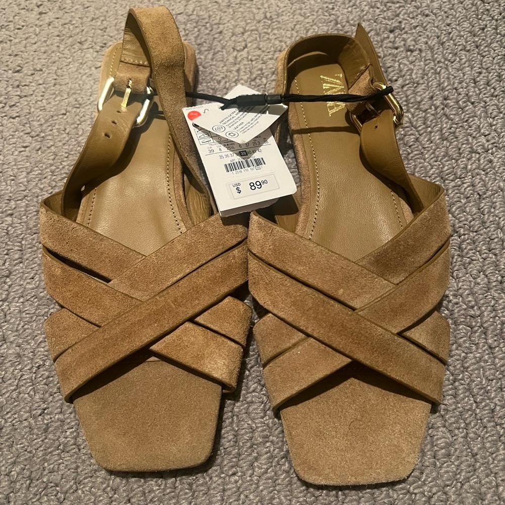 Zara Tan Strappy Sandals with Suede Finish, NWT never worn!